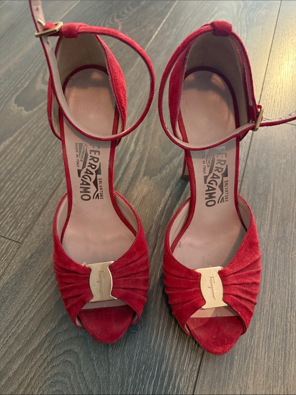 Salvatore Ferragamo Red Suede Peep-Toe Ankle-Strap Heels with Gold Plaque - Picture 2 of 5